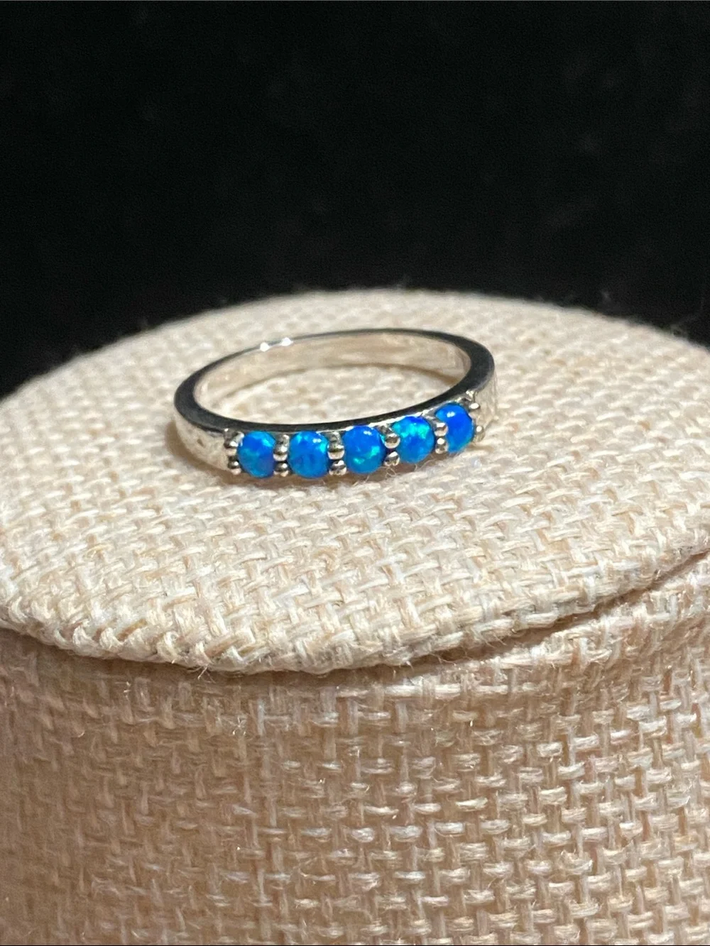 Blue Opal Row Stainless Steel Band Ring